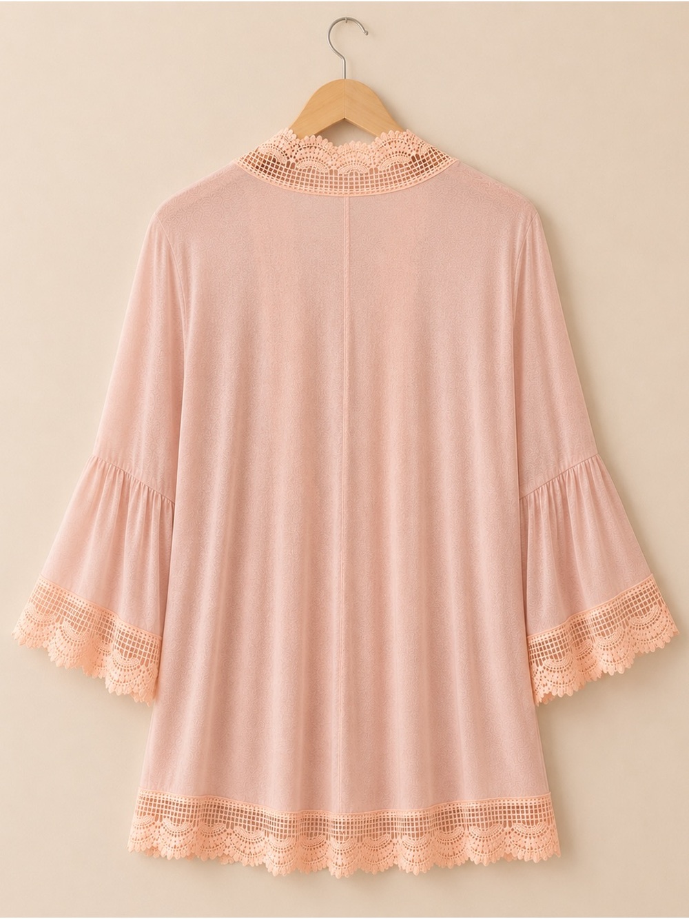 Spadehill Blush Pink Crochet Lace Trim Bell Sleeve Kimono Cardigan M - Picture 6 of 17